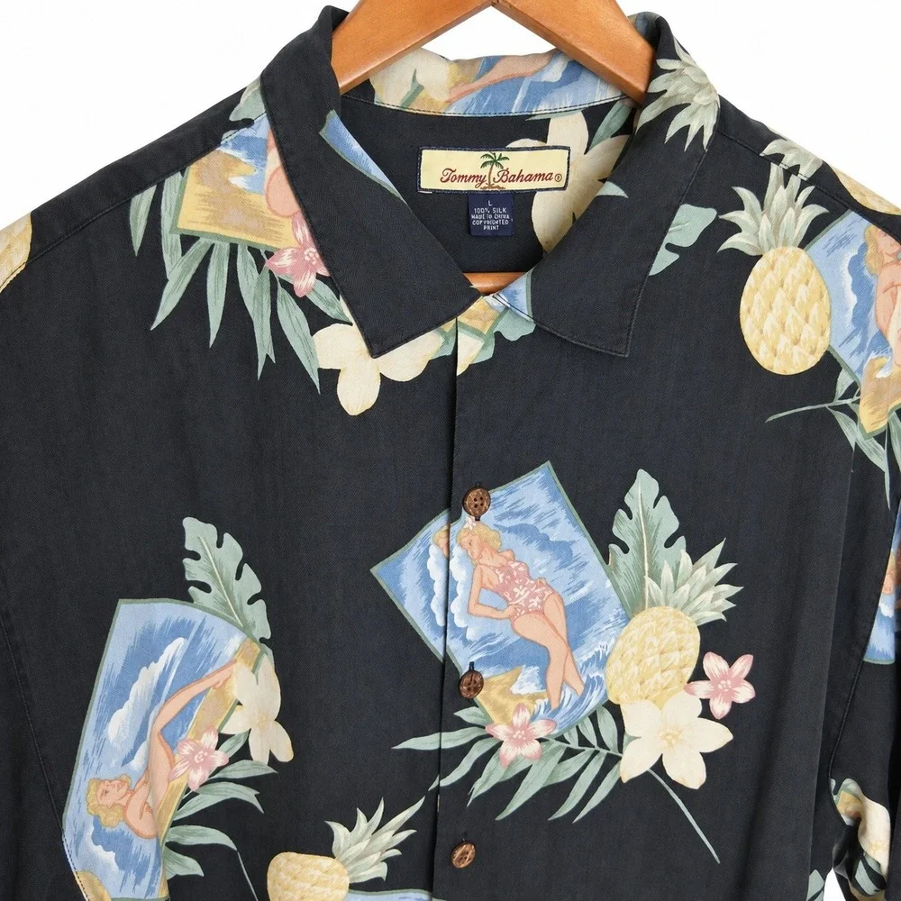 Tommy Bahama Men L 100% Silk Pinup Girl Pineapple Shirt Hawaiian Retro Resort